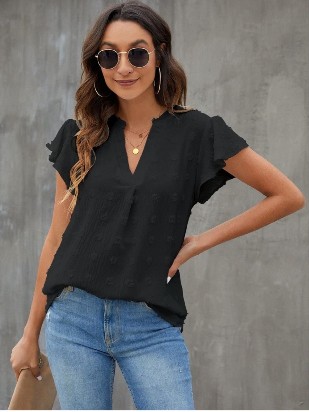 Women's Black Textured V-Neck Flutter Sleeve Blouse